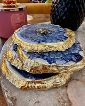 Load image into Gallery viewer, Blue and gold geode resin coaster set , luxury coasters , housewarming gift