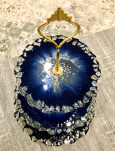 Load image into Gallery viewer, Deep Blue & Gold - Cake Stand - Resin, Gold Sparkle & Fire Glass