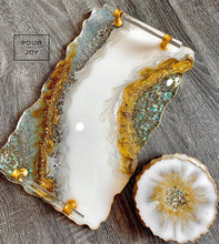 Load image into Gallery viewer, Geode White, Gold and Opal - Tray & Coaster Set - Resin, Crystals, Fireglass