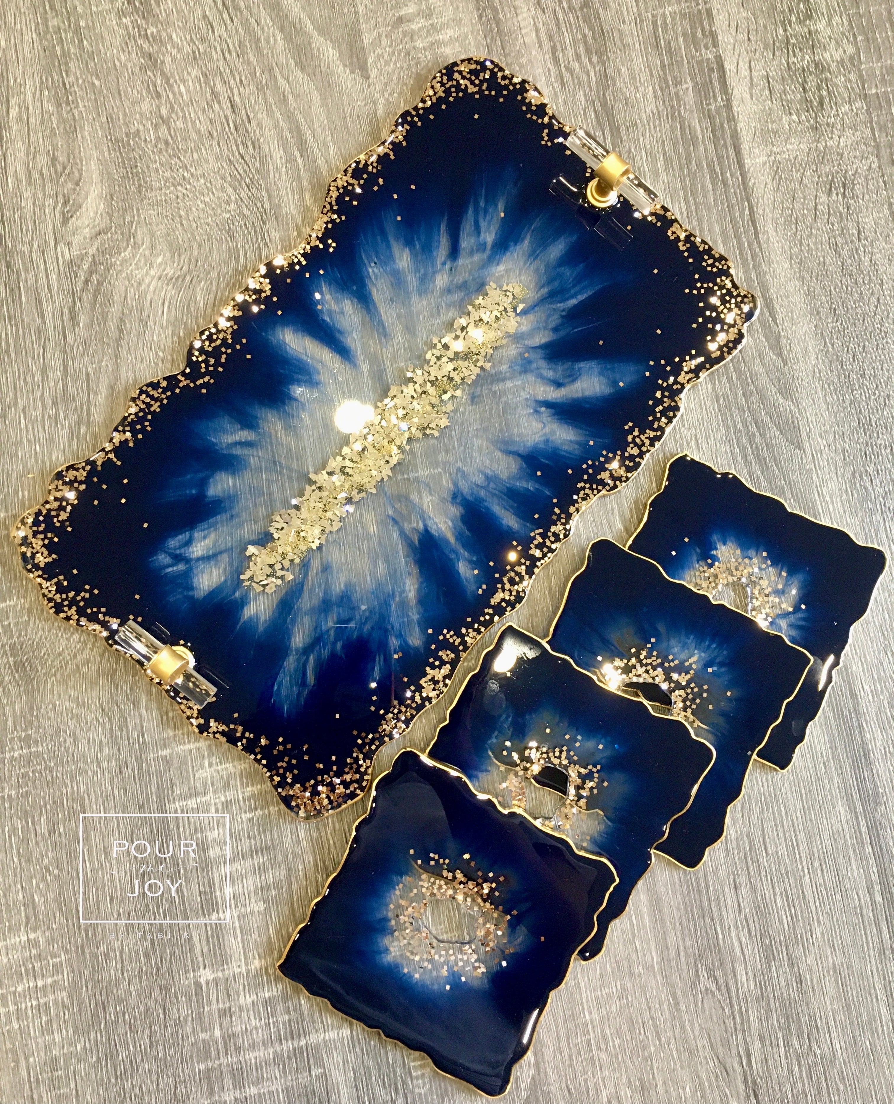 Deep Blue and Gold Coaster Set of 4 - Resin and Gold Leaf