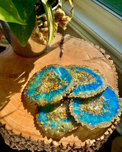 Load image into Gallery viewer, Peacock Blue and Gold Coaster Set of 4 - Resin and Mirrors