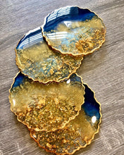 Load image into Gallery viewer, Deep Blue and Gold Coaster Set of 4 - Resin and Gold Leaf
