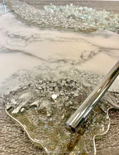 Load image into Gallery viewer, White & Silver Marble Design - Extra Large - Geode Tray - Resin, Silver leaf, Fireglass