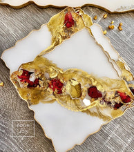 Load image into Gallery viewer, Dried Rose, White & Gold - Tray & Coaster Set - Resin, Gold Leaf & Crystals
