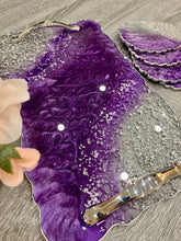 Load image into Gallery viewer, Purple and Silver - Tray & Coaster Set - Resin and Silver Leaf