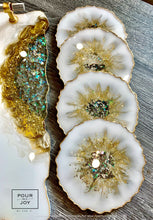 Load image into Gallery viewer, Geode White, Gold and Opal - Tray & Coaster Set - Resin, Crystals, Fireglass