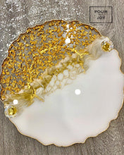Load image into Gallery viewer, White and gold resin tray , geode edge , glamorous resin tray , epoxy resin perfume tray , vanity tray