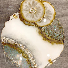 Load image into Gallery viewer, Geode tray , white and gold , opal crystals , luxury resin tray , resin tray and coaster set