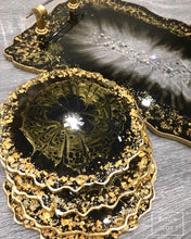 Load image into Gallery viewer, Black and Gold - Tray & Coaster Set - Resin, Gold Leaf & Mirrors