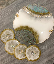Load image into Gallery viewer, White, Gold and Opal ~ Tray & Coaster Set - Resin, Seashells, Crystals