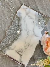 Load image into Gallery viewer, Marble inspired luxury resin tray , white and silver tray