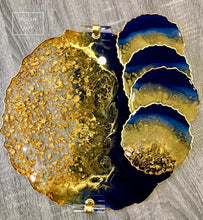 Load image into Gallery viewer, Deep Blue and Gold - Tray & Coaster Set - Resin, Gold Leaf & Mirrors