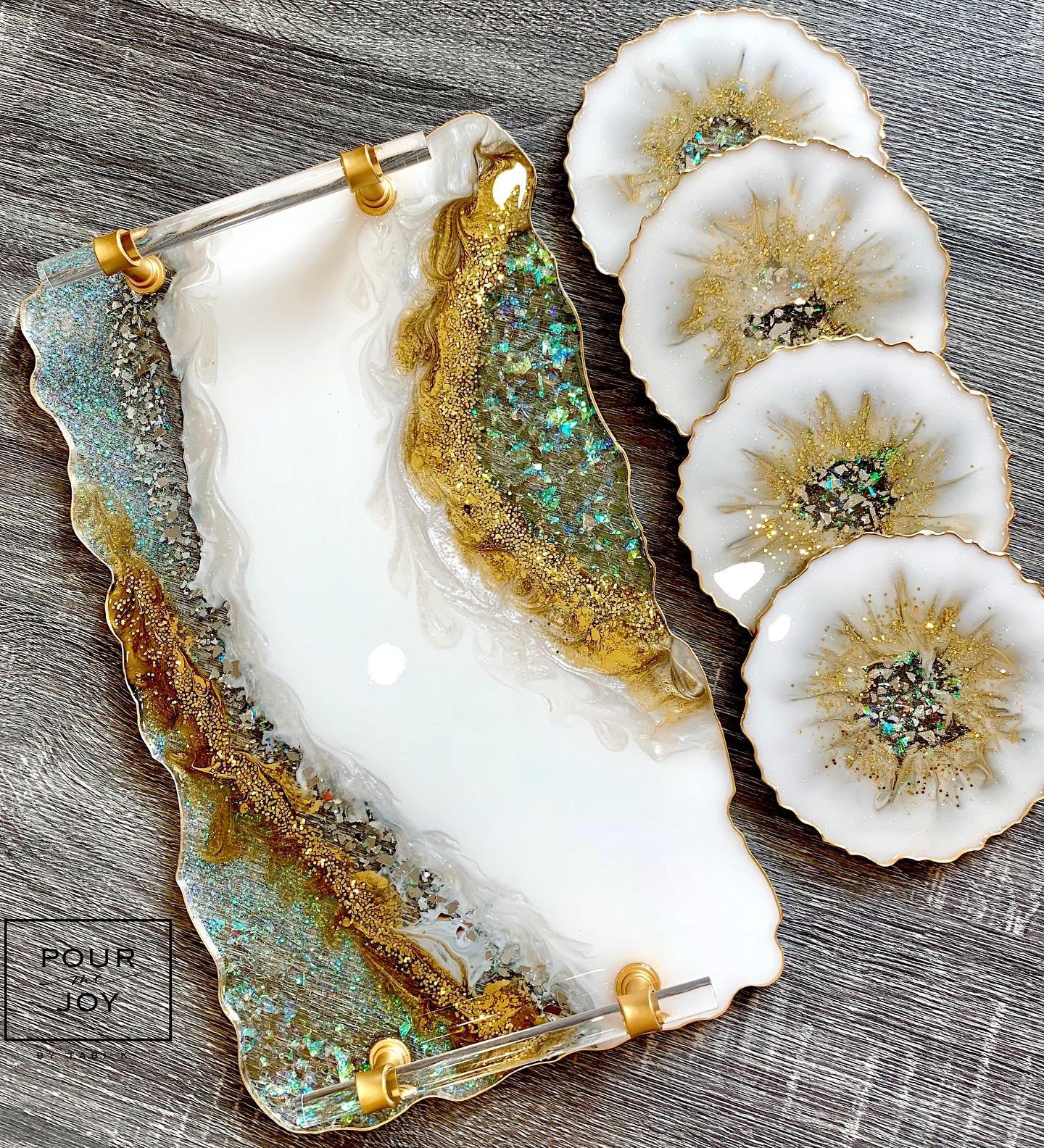 Geode White, Gold and Opal - Tray & Coaster Set - Resin, Crystals, Fireglass