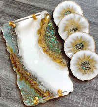 Load image into Gallery viewer, Geode White, Gold and Opal - Tray & Coaster Set - Resin, Crystals, Fireglass