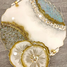 Load image into Gallery viewer, White, Gold and Opal ~ Tray & Coaster Set - Resin, Seashells, Crystals