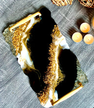 Load image into Gallery viewer, Marble inspired black white and gold resin tray , beautiful vanity tray , resin tray