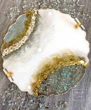 Load image into Gallery viewer, Geode tray , white and gold , opal crystals , luxury resin tray , resin tray and coaster set