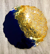 Load image into Gallery viewer, Resin tray , blue and gold geode edge tray , vanity tray