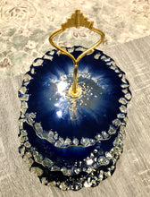 Load image into Gallery viewer, Deep Blue &amp; Gold - Cake Stand - Resin, Gold Sparkle &amp; Fire Glass
