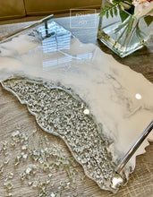 Load image into Gallery viewer, White &amp; Silver Marble Design -  Extra Large - Geode Tray - Resin, Silver leaf, Fireglass
