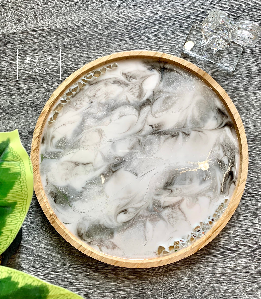 White Marble Bamboo Tray  - Resin, Crystals