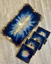 Load image into Gallery viewer, Deep Blue and Gold - Tray &amp; Coaster Set - Resin, Mirrors
