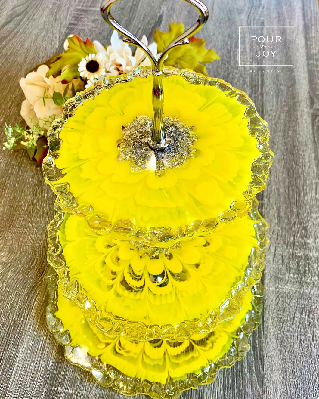 Yellow & Silver - Cake Stand - Resin, Silver Flakes & Fire Glass