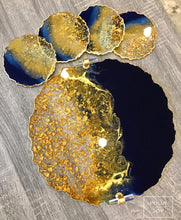 Load image into Gallery viewer, Deep Blue and Gold - Tray &amp; Coaster Set - Resin, Gold Leaf &amp; Mirrors
