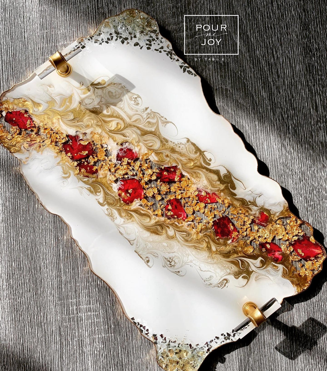 Dried Rose, White & Gold - Tray & Coaster Set - Resin, Gold Leaf & Crystals