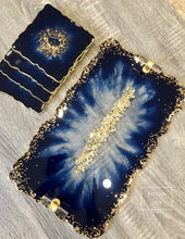 Load image into Gallery viewer, Deep Blue and Gold - Tray &amp; Coaster Set - Resin, Mirrors
