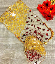 Load image into Gallery viewer, Dried Rose and Gold - Tray &amp; Coaster Set - Resin &amp; Gold Leaf

