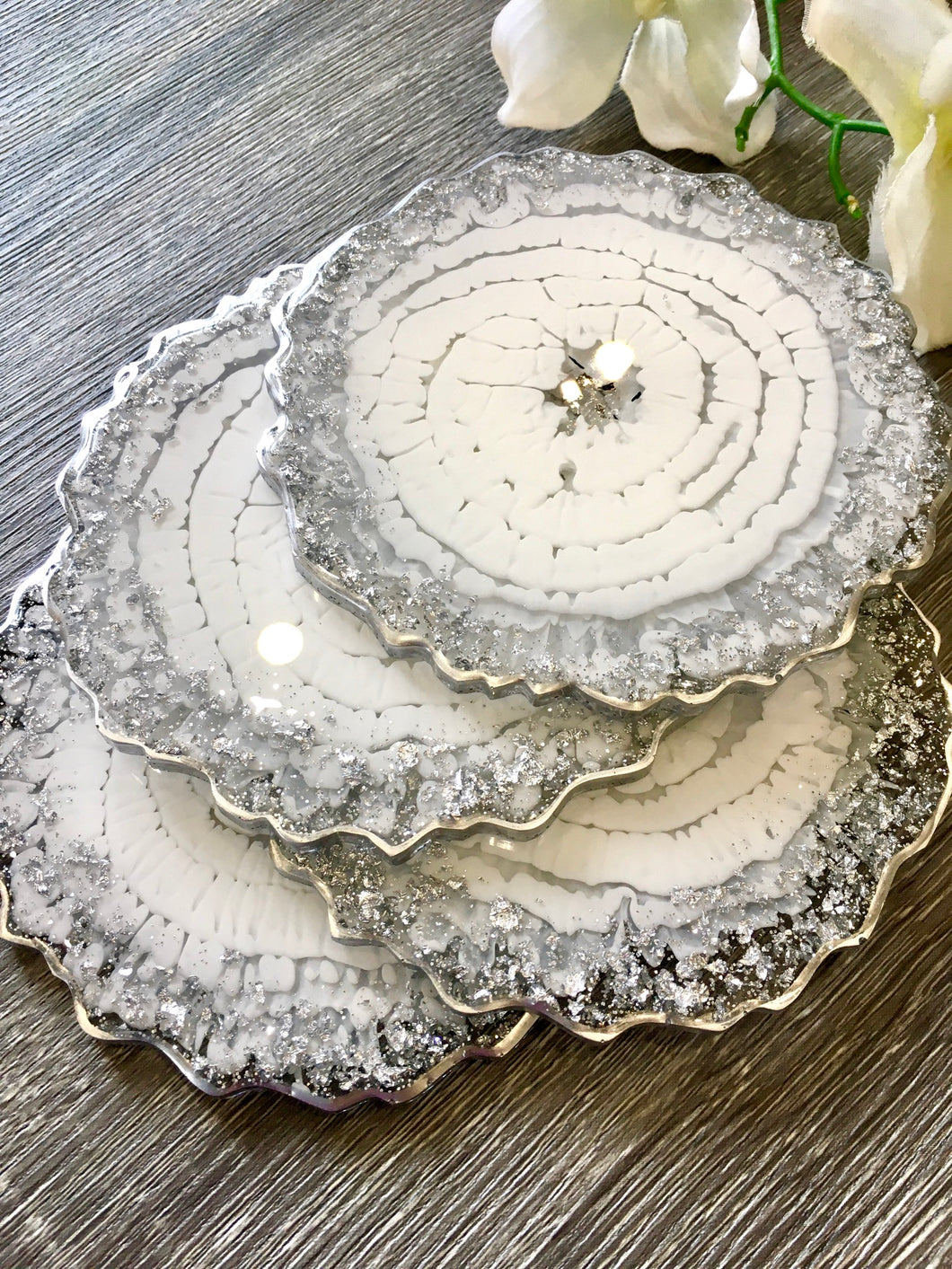 White and Silver Coaster Set of 4 - Resin and Silver Leaf Sparkles