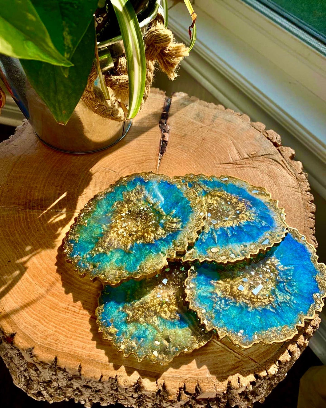 Peacock Blue and Gold Coaster Set of 4 - Resin and Mirrors