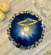 Load image into Gallery viewer, Deep Blue &amp; Gold - Cake Stand - Resin, Gold Sparkle &amp; Fire Glass
