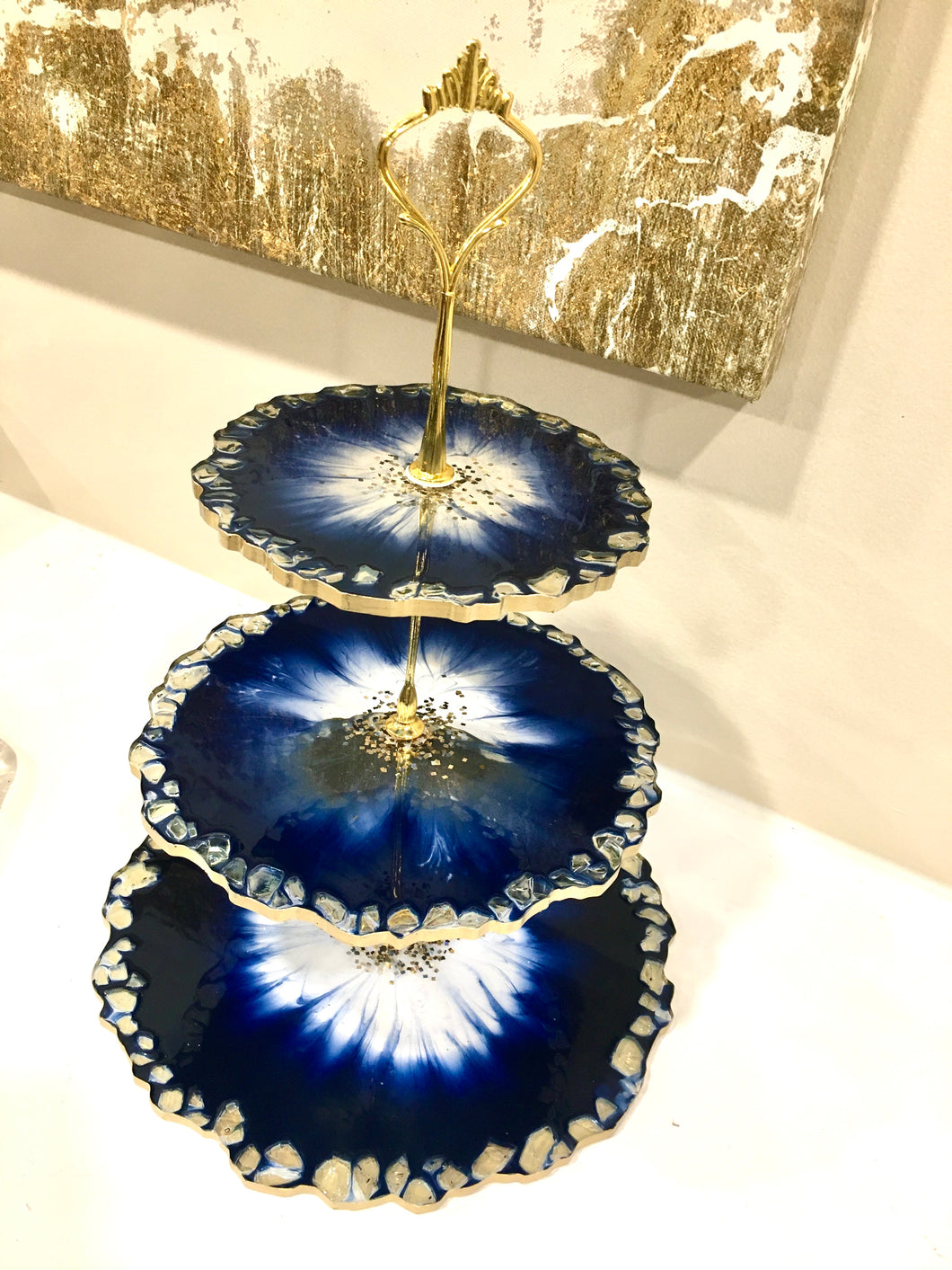 Deep Blue & Gold - Cake Stand - Resin, Gold Sparkle & Fire Glass