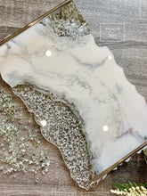 Load image into Gallery viewer, White &amp; Silver Marble Design -  Extra Large - Geode Tray - Resin, Silver leaf, Fireglass
