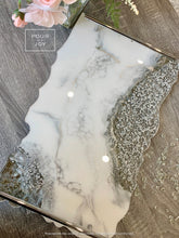 Load image into Gallery viewer, White &amp; Silver Marble Design -  Extra Large - Geode Tray - Resin, Silver leaf, Fireglass
