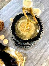 Load image into Gallery viewer, Marbleized Black, White &amp; Gold - Cake Stand - Resin, Gold Sparkle &amp; Fire Glass
