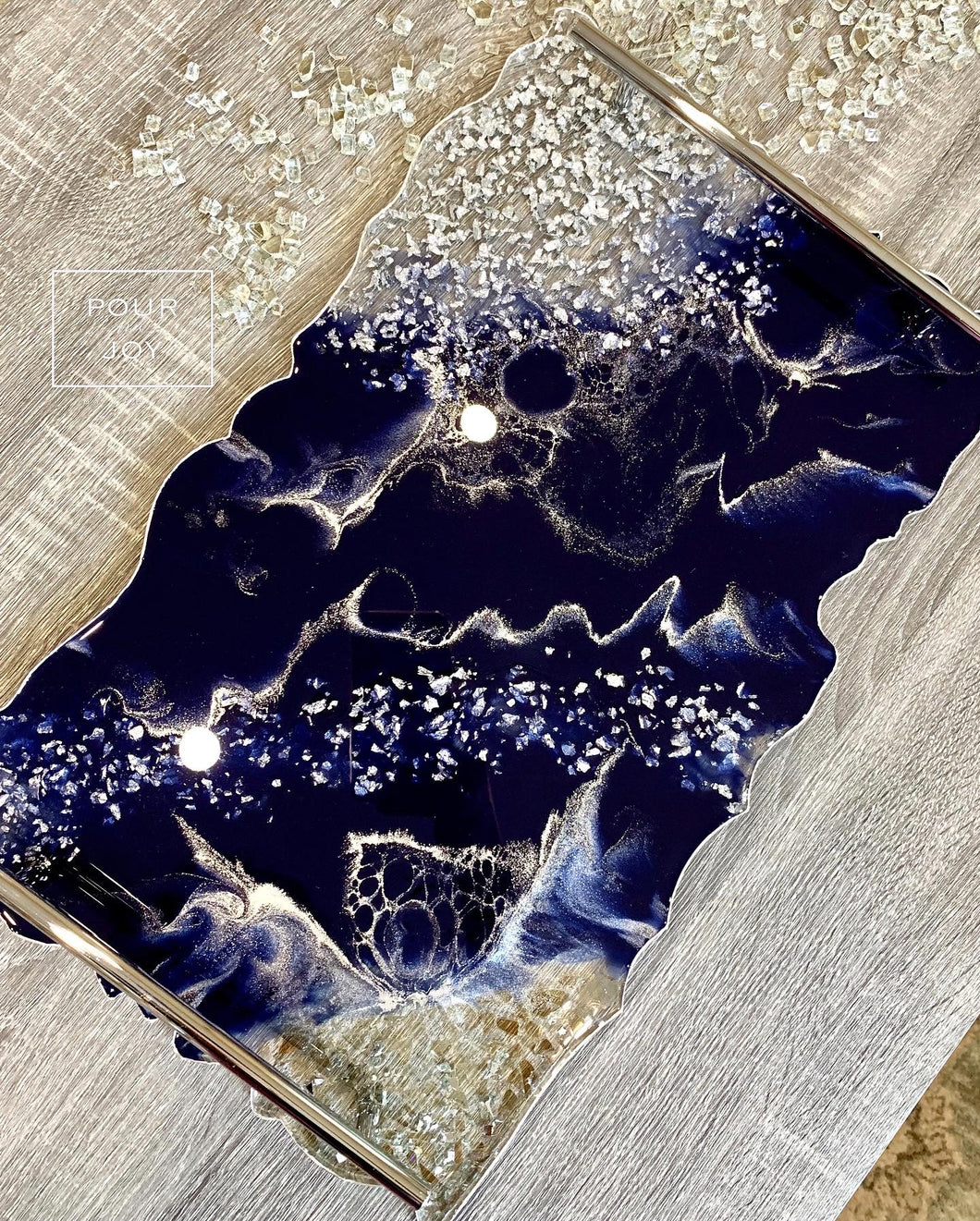 Royal Blue & Silver - Extra Large - Geode Tray - Resin, Silver leaf, Fireglass