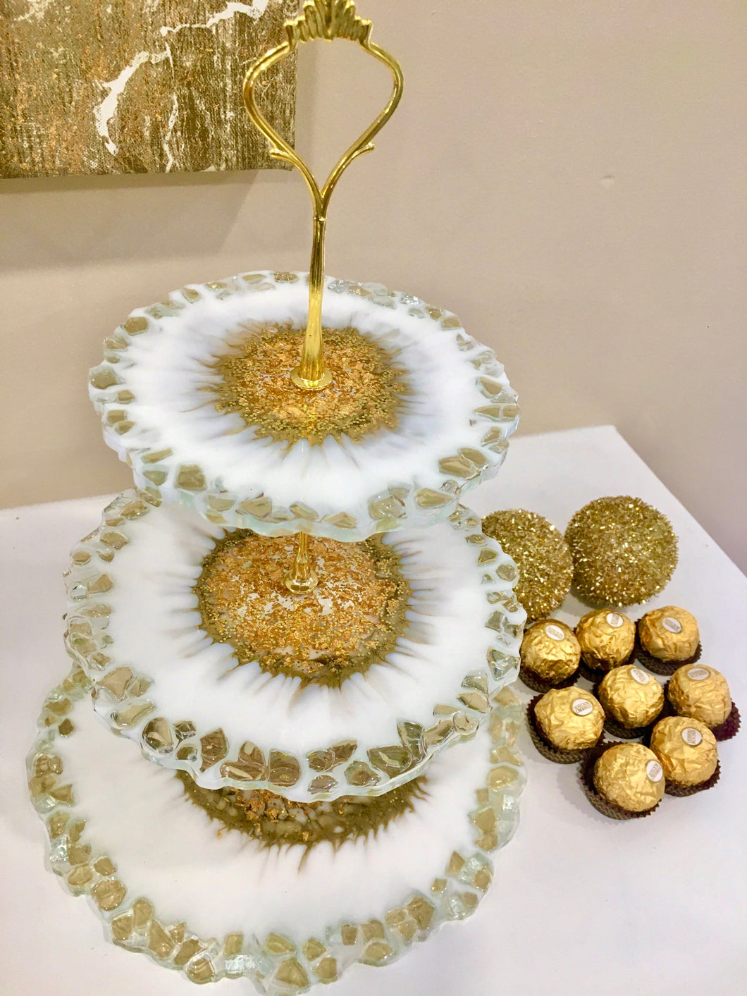 White & Gold - Cake Stand - Resin, Gold Flakes & Fire Glass