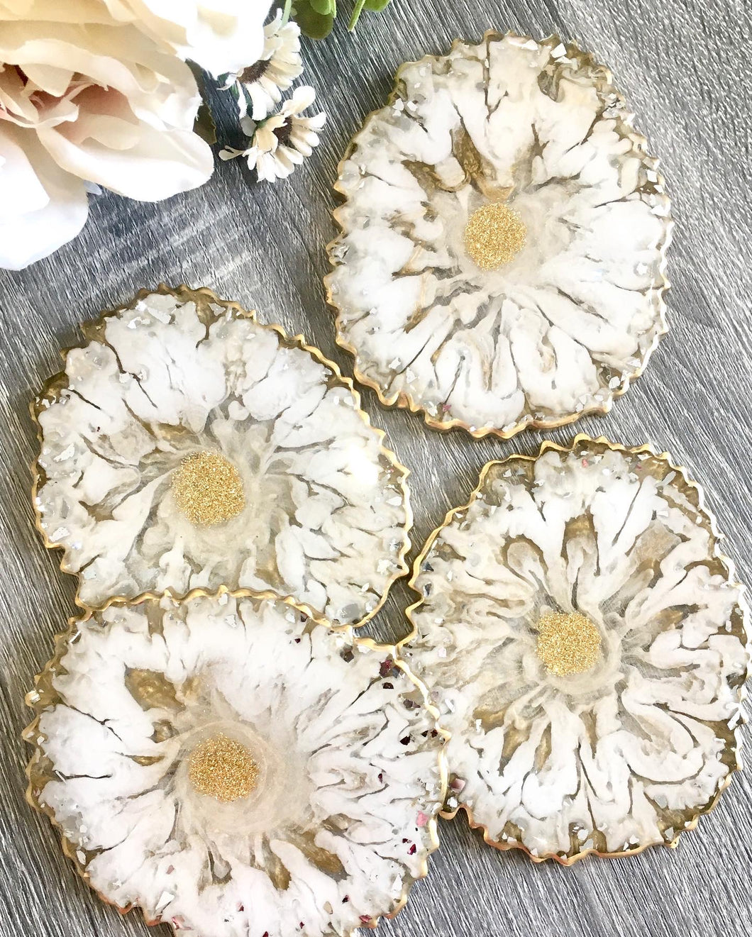 White and Gold Coaster Set of 4 - Resin and Gold Sparkles