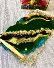 Load image into Gallery viewer, Emerald Green, Black &amp; Gold - Geode Tray - Resin, Gold leaf, Fireglass
