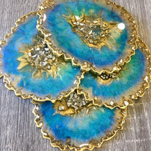 Load image into Gallery viewer, Peacock Blue and Gold Coaster Set of 4 - Resin and Mirrors
