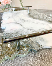 Load image into Gallery viewer, White &amp; Silver Marble Design -  Extra Large - Geode Tray - Resin, Silver leaf, Fireglass
