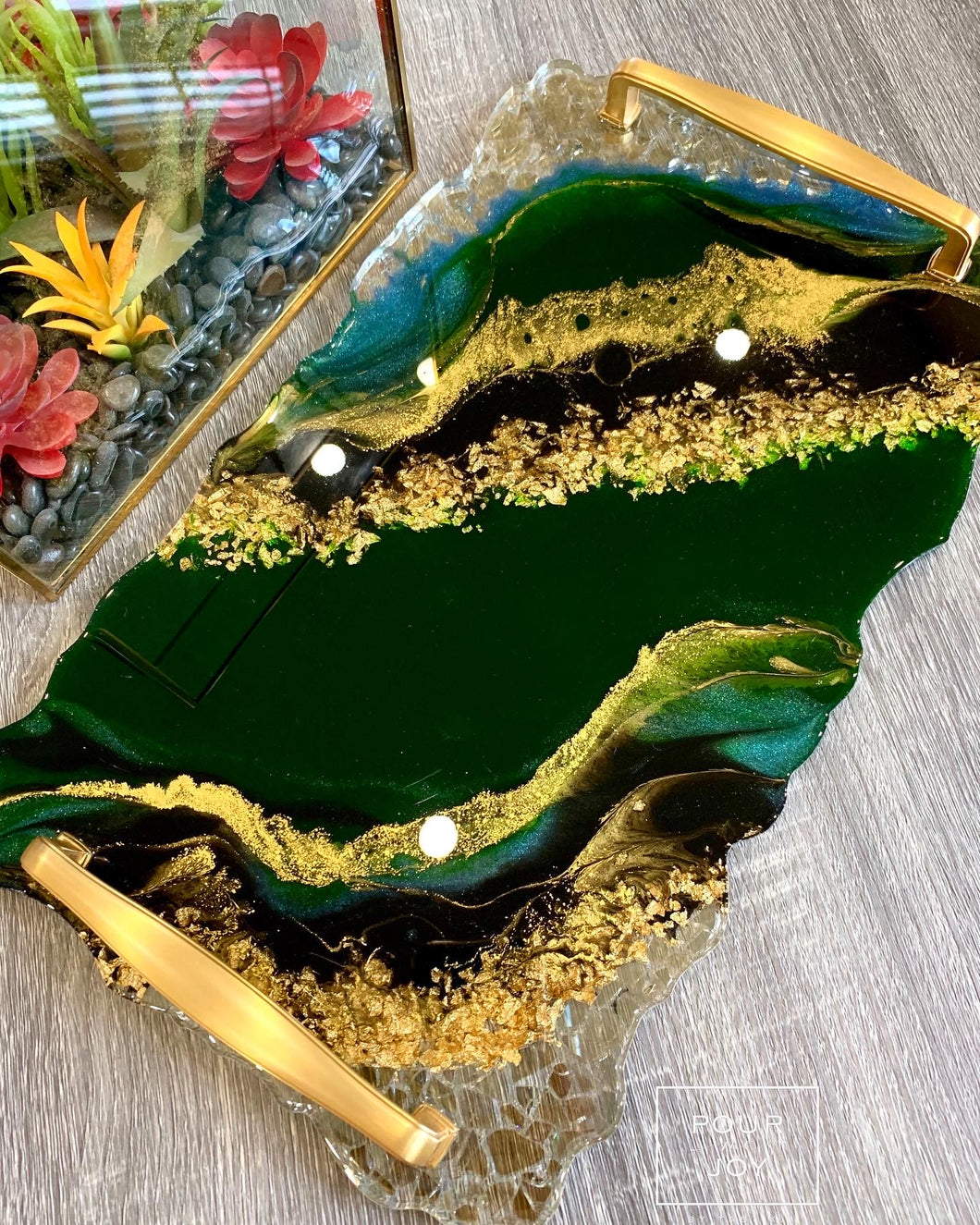 Emerald Green, Black & Gold - Geode Tray - Resin, Gold leaf, Fireglass