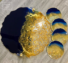 Load image into Gallery viewer, Deep Blue and Gold - Tray &amp; Coaster Set - Resin, Gold Leaf &amp; Mirrors
