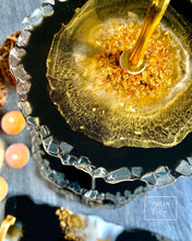 Load image into Gallery viewer, Marbleized Black, White &amp; Gold - Cake Stand - Resin, Gold Sparkle &amp; Fire Glass
