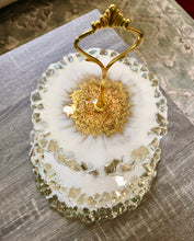 Load image into Gallery viewer, White &amp; Gold - Cake Stand - Resin, Gold Flakes &amp; Fire Glass
