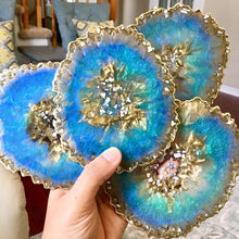 Load image into Gallery viewer, Peacock Blue and Gold Coaster Set of 4 - Resin and Mirrors

