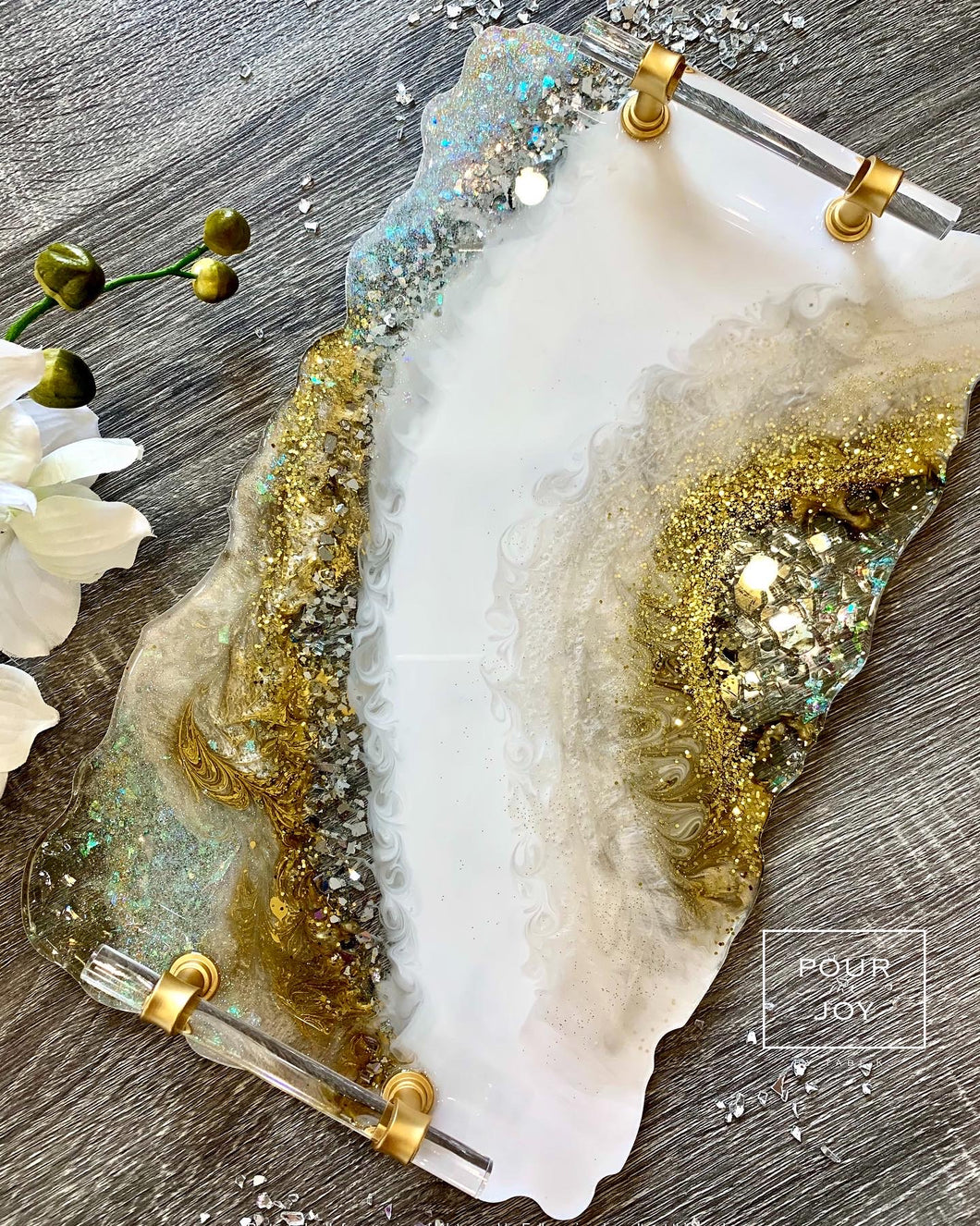 Geode White, Gold & Opal Tray - Resin, Crystals, Fireglass
